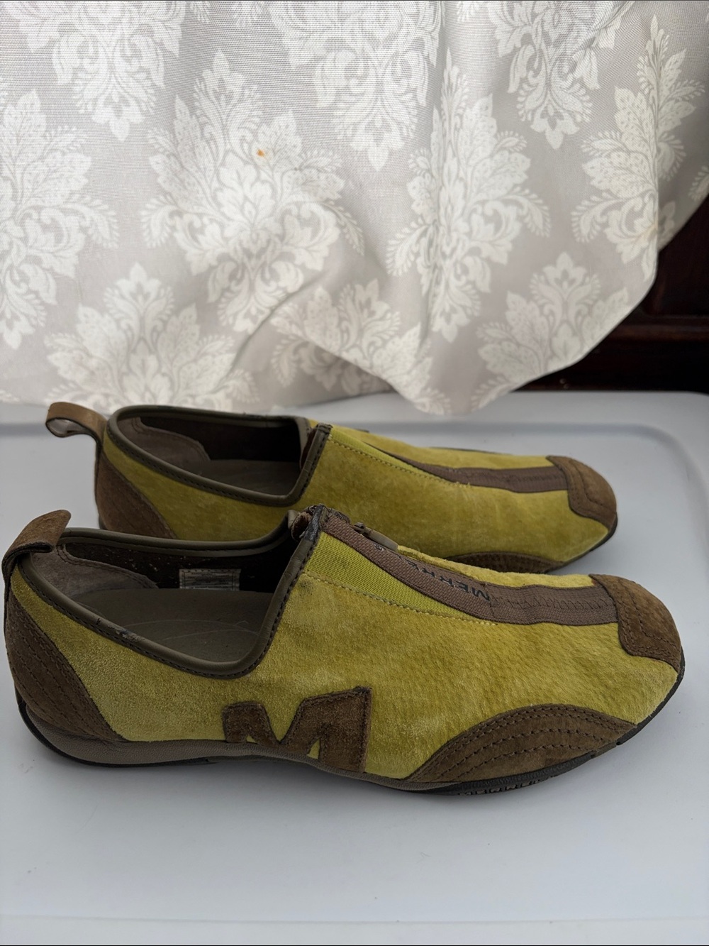 Merrell Olive Green and Brown Suede Slip-On Loafers